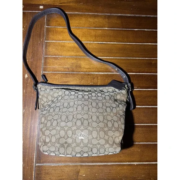 Coach Signature C Monogram Canvas Leather Trim Shoulder Bag‎ Brown Beige - Picture 6 of 8